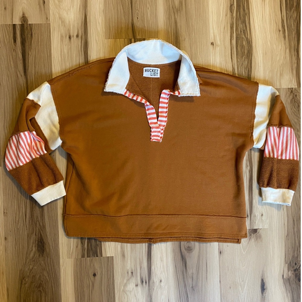 Bucket List Womens Rust Brown Oversized Rugby‎ Sweatshirt Colorblock Striped Med